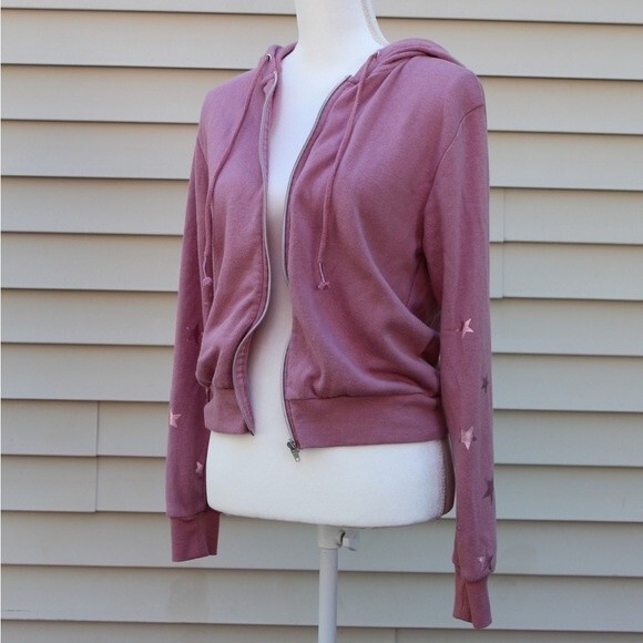 Forever 21 Women’s Hoodie Full Zip Metallic Stars Pink Sweater - Picture 6 of 9